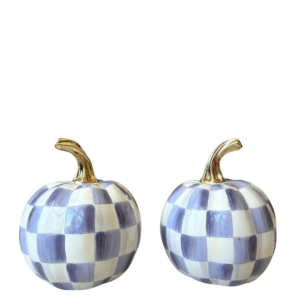 NEW MacKenzie-Childs Classic Violet Check Mini Pumpkin Set of 2 in Original Box